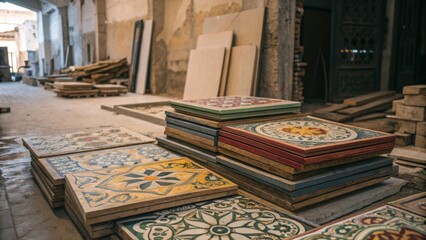 Poster - A vibrant assortment of ornate tiles piled high featuring intricate designs and textures resting under the dim light of a renovation site.
