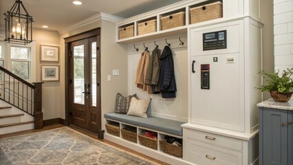 Poster - A trendy entryway with an exposed electrical panel incorporated into a mudroom area adorned with hooks for coats and a bench blending functionality with stylish decor.