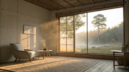 Aufkleber - A tranquil and room with a simple clean aesthetic highlighted by a window that allows warm sunlight to illuminate the dust particles floating in the air.
