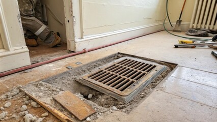Poster - A traditional vent cover nestled near an empty wall space where the old heating system has been removed surrounded by dust and debris from the ongoing renovation.