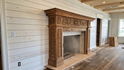 Aufkleber - A traditionalstyle fireplace mantel constructed from reclaimed wood standing against a backdrop of white shiplap walls with dust from renovations in the air.