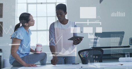 Poster - Image of financial data processing over diverse business people in office