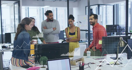 Poster - Image of financial data processing over diverse business people in office