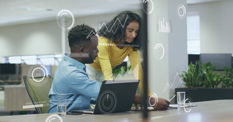 Poster - Image of financial data processing over diverse business people in office