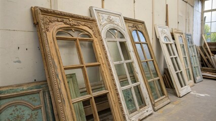 Aufkleber - A tall stack of vintagestyle window frames leaning against a wall showcasing intricate designs and peeling paint adding character to the renovation site.