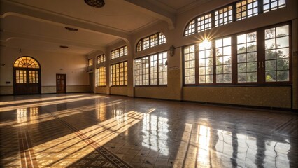 Aufkleber - A sunlit room where the floor reflects a shimmering glow casting interesting shadows against the walls and emphasizing the spaces openness.