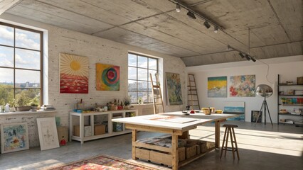 Aufkleber - A sunlit art studio showcasing a large work table beneath a textured concrete ceiling with splashes of color from canvases and paint supplies filling the space with creativity.