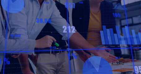 Poster - Image of financial data processing over diverse business people in office