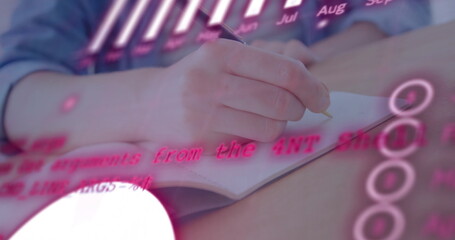 Poster - Image of financial data processing over caucasian boy writing