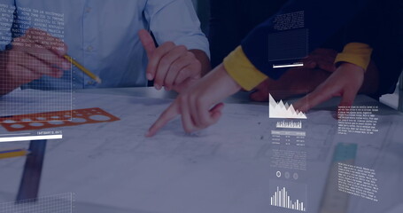 Poster - Image of financial data processing over diverse business people in office