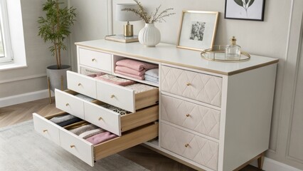 Aufkleber - A stylish bedroom dresser with open drawers exposing neatly folded clothing in soft pastel hues complemented by minimalist decor on top of the dresser.