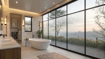 Poster - A stylish bathroom with a floortoceiling window framed by frosted glass and protective film allowing diffused daylight to illuminate the modern fixtures within.