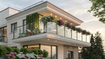 Aufkleber - A stylish balcony with a glass railing that elegantly matches the modern architectural lines of the building surrounded by greenery and flowers within pots.
