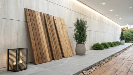 Poster - A stylish arrangement of narrow wooden boards leaning against a smooth modern wall creating a blend of traditional and contemporary vibes.