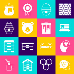 Poster - set honeycomb, beekeeper, stack of pancakes, hive for bees, bear head, jar honey and icon. vector