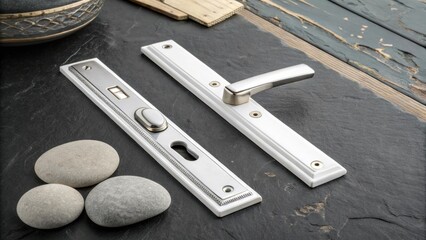 Aufkleber - A striking white door handle set featuring clean lines and a modern design is displayed on a stark slate grey surface with a few pebbles artistically p around it.
