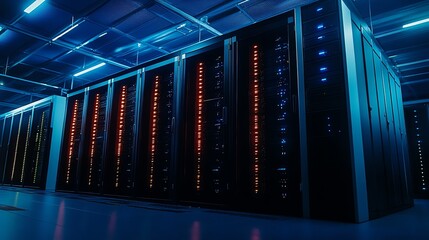 Poster - a server room with rows of servers lit by blue lights.