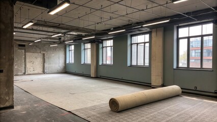 Poster - A stark empty room with matte gray walls and a roll of carpet padding lying horizontally contrasting with the rawness of the exposed light fixtures above.
