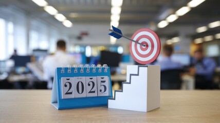 Poster - A calendar for 2025 with a target and arrow symbolizing goal-setting and progress.