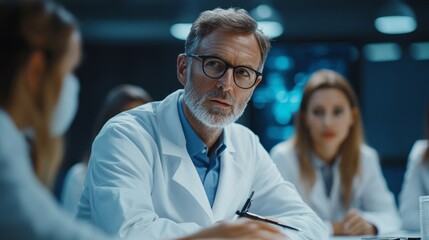 Poster - A group of dedicated doctors engages in an important discussion in a contemporary medical environment, showcasing their commitment to collaboration and excellence