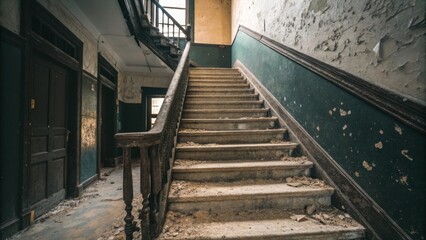 Aufkleber - A staircase adorned with a thin layer of dust on each step leading to a dark upper level hinting at potential but currently showcasing its disrepair.