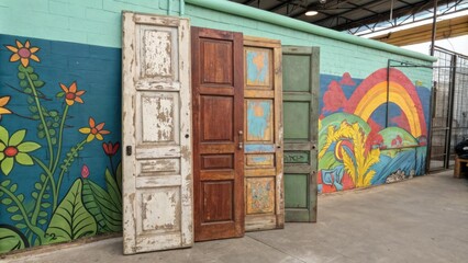 Aufkleber - A stack of vintage prehung doors their distressed finishes revealing layers of color standing against a vibrant mural that adds energy to the space.
