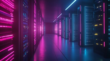 Poster - A futuristic server room with rows of glowing racks and neon lights.