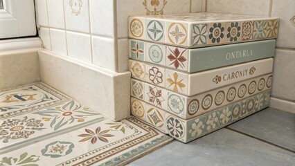 Aufkleber - A stack of vintagepatterned wall tiles in a muted color palette resting neatly in a corner and evoking a sense of nostalgia and charm.
