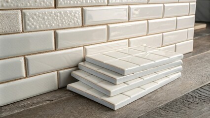Poster - A stack of rectangular subway tiles with a glossy white finish resting against a textured wall inviting a sense of modern minimalism and simplicity.