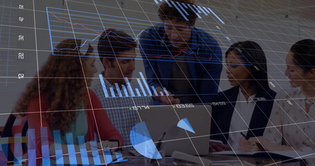 Poster - Image of data processing and diagrams over diverse business people discussing work
