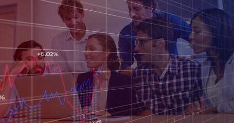 Poster - Image of data processing and diagrams over diverse business people discussing work