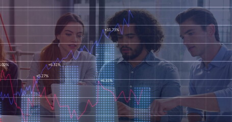 Poster - Image of data processing and diagrams over diverse business people discussing work