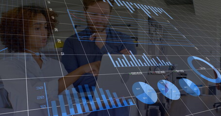 Poster - Image of data processing and diagrams over diverse business people discussing work