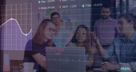 Poster - Image of data processing and diagrams over diverse business people discussing work