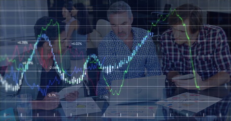 Poster - Image of data processing and diagrams over diverse business people discussing work