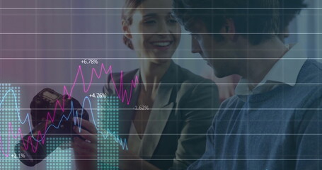 Poster - Image of data processing and diagrams over diverse business people discussing work