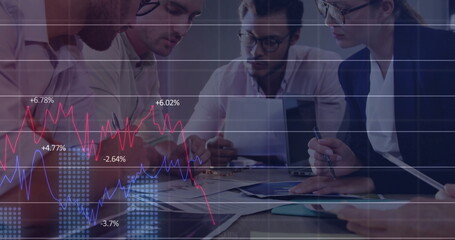 Poster - Image of data processing and diagrams over diverse business people discussing work