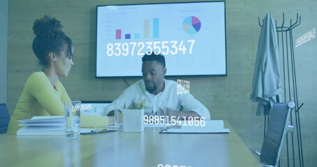 Poster - Business data processing image over colleagues discussing documents in office