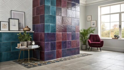 Aufkleber - A stacked arrangement of largeformat tiles in deep jewel tones positioned in a corner to create a bold statement in the room.