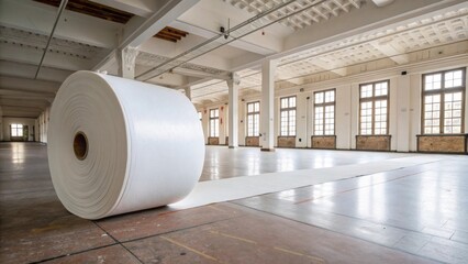 Aufkleber - A spacious room with high ceilings featuring a roll of durable protective sheet centered in the frame highlighting the stark contrast between new and old surfaces.