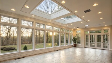 Poster - A spacious sunroom highlighted by a clean ceiling track with energyefficient recessed lights enhancing the natural light coming through the large windows with a soft glow.