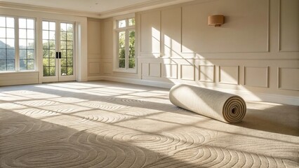 Poster - A spacious room with a neutral palette showcasing a loosely rolled carpet padding in a corner with shadows creating an abstract pattern on the floor.