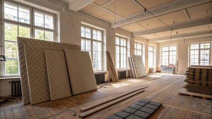 Poster - A spacious room filled with natural light featuring several stacks of acoustic panels leaning against the wall surrounded by unfinished decor elements.