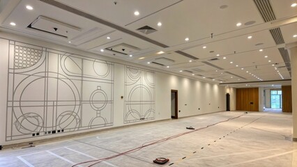 Aufkleber - A spacious room featuring a wall that has been meticulously marked with pencil lines and circles indicating the alignment of recessed lights set against other unfinished areas.