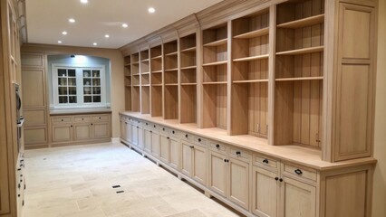 Poster - A spacious pantry area the shelves lined with untouched wood and cabinets coated in a light even primer finish awaiting final touches.
