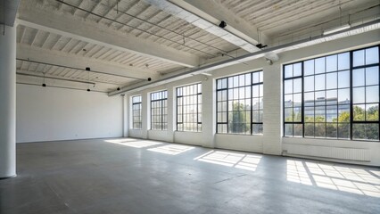 Poster - A spacious open studio without any furniture where a large window fills the room with natural light highlighting the simplicity of the design.