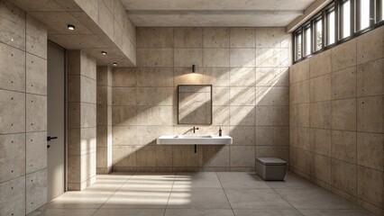 Poster - A spacious bathroom designed with large tiles featuring a simple wallmounted faucet above a minimalist sink and overhead mounted lighting casting dramatic shadows on unfinished
