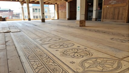 Aufkleber - A spacious area showcasing weathered floorboards with intricate designs sketched on the surface denoting areas for different types of flooring.