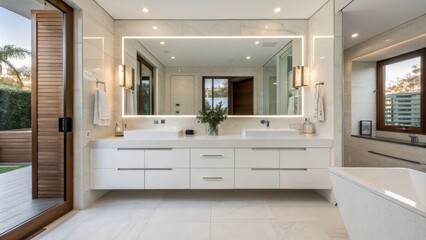 Fototapete - A spacious bathroom boasting a floating white vanity with concealed storage accented by sleek stainless steel fixtures on either end adding a touch of modernity.