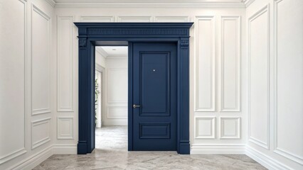 Aufkleber - A solid wooden door frame painted in navy blue contrasting with crisp white walls creating a striking focal point in the entryway.